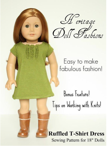 Heritage Doll Fashions 18 Inch Modern RuffledT-Shirt Dress 18" Doll Clothes Pattern Pixie Faire