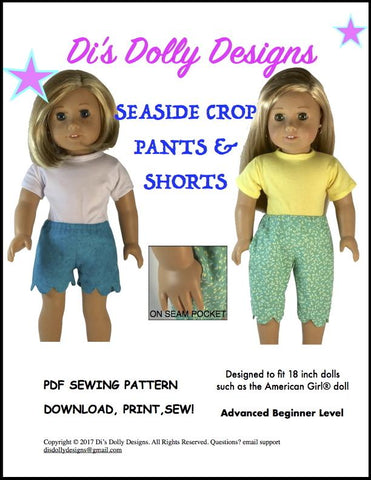 Di's Dolly Designs 18 Inch Modern Seaside Crop Pants and Shorts 18" Doll Clothes Pattern Pixie Faire