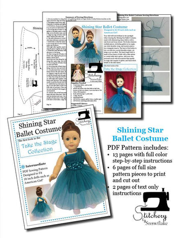 Stitchery By Snowflake 18 Inch Modern Shining Star Ballet Costume 18" Doll Clothes Pattern Pixie Faire