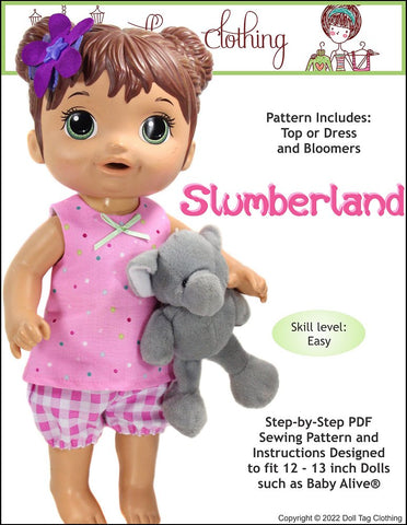 Doll Tag Clothing Baby Alive Doll Slumberland Pattern for 12-13" Baby Alive Dolls Pixie Faire