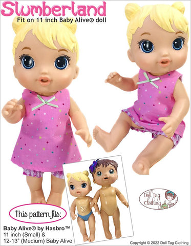 Doll Tag Clothing Baby Alive Doll Slumberland Pattern for 12-13" Baby Alive Dolls Pixie Faire