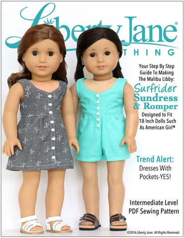 Liberty Jane 18 Inch Modern Surfrider Sundress and Romper 18” Doll Clothes Pattern Pixie Faire