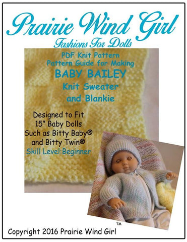 Prairie Wind Girl Bitty Baby/Twin Baby Bailey Knit Sweater and Blankie Knitting Pattern Pixie Faire