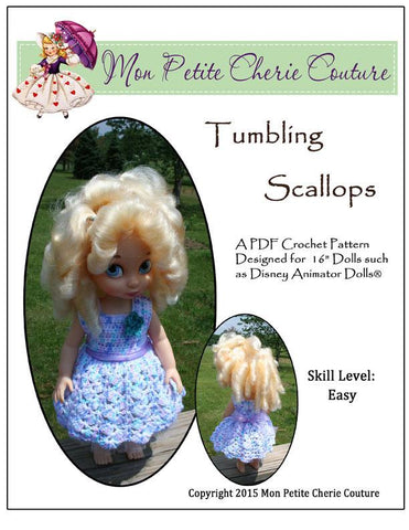 Mon Petite Cherie Couture Disney Doll Tumbling Scallops Crochet Pattern for Disney Animator Dolls Pixie Faire