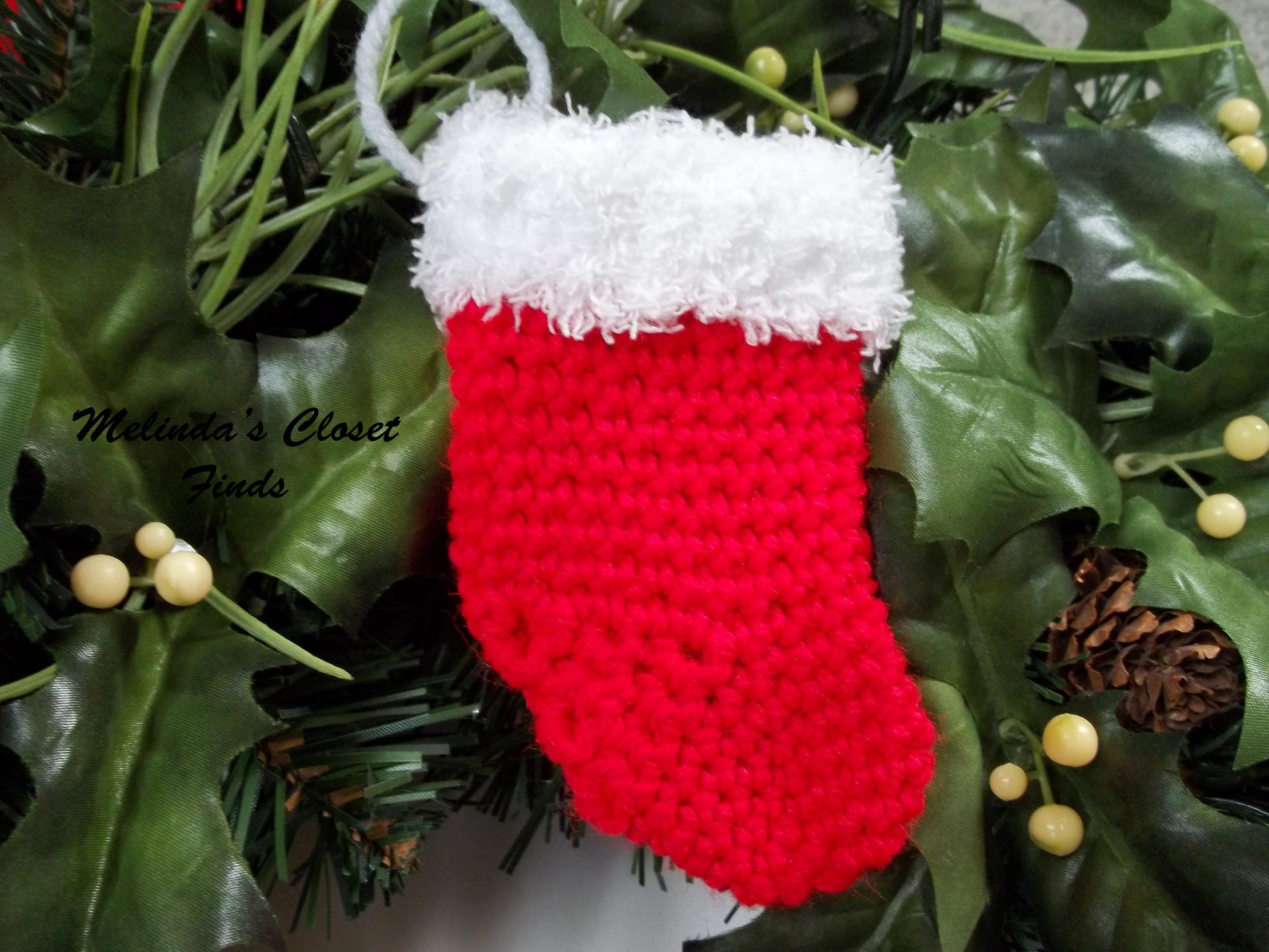 Melinda's Closet Finds Crochet Crocheted Christmas Stocking 18" Doll Crochet Pattern Pixie Faire