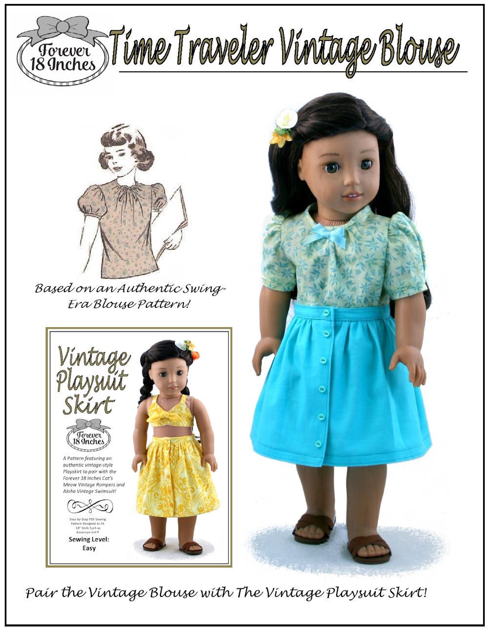 Forever 18 Inches 18 Inch Historical Time Traveler Vintage Blouse 18" Doll Clothes Pattern Pixie Faire