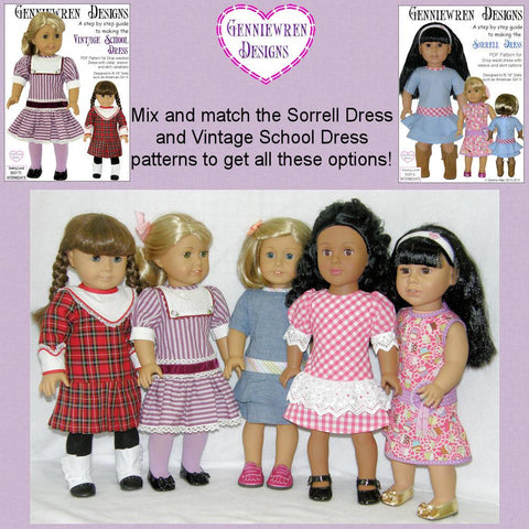 Genniewren 18 Inch Historical Vintage School Dress 18" Doll Clothes Pattern Pixie Faire