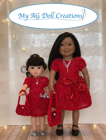My AG Doll Creations WellieWishers Mita's Party Dress & Sweater Combo Knitting Pattern for 14-14.5" Dolls Pixie Faire