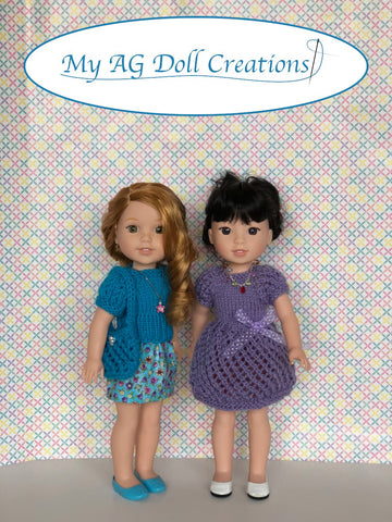 My AG Doll Creations WellieWishers Mita's Party Dress & Sweater Combo Knitting Pattern for 14-14.5" Dolls Pixie Faire