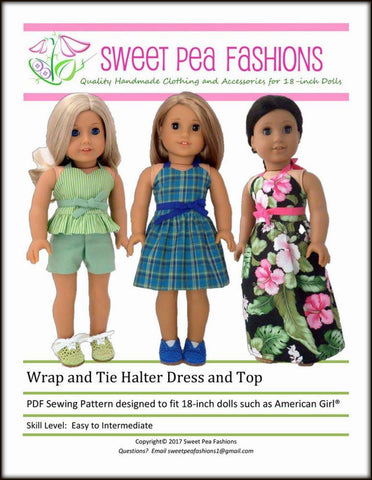 Sweet Pea Fashions 18 Inch Modern Wrap & Tie Halter Dress and Top 18" Doll Clothes Pattern Pixie Faire