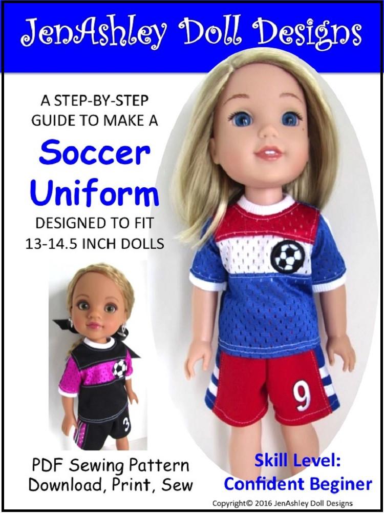Jen Ashley Doll Designs WellieWishers Soccer Uniform 13-14.5" Doll Clothes Pattern Pixie Faire