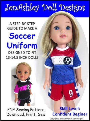 Jen Ashley Doll Designs WellieWishers Soccer Uniform 13-14.5" Doll Clothes Pattern Pixie Faire