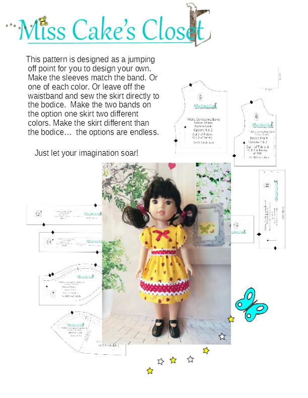 Miss Cake's Closet WellieWishers 1960's Contrasting Bands School Dress 14-14.5" Doll Clothes Pattern Pixie Faire