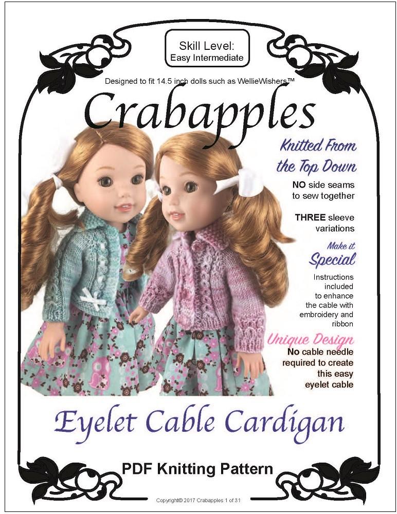 Crabapples WellieWishers Eyelet Cable Cardigan 14.5 Inch Doll Clothes Knitting Pattern Pixie Faire