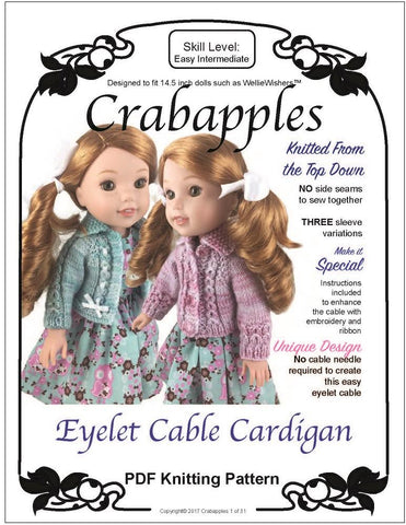 Crabapples WellieWishers Eyelet Cable Cardigan 14.5 Inch Doll Clothes Knitting Pattern Pixie Faire