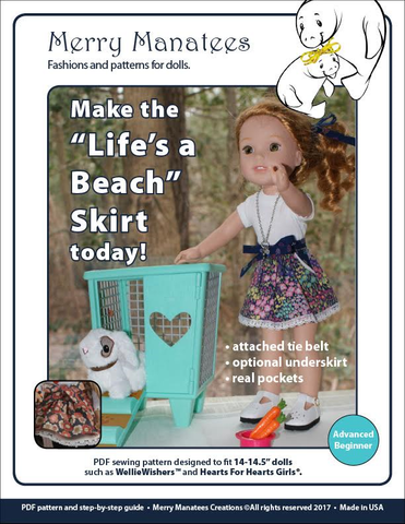 Merry Manatees WellieWishers Life's a Beach Skirt 14.5" Doll Clothes Pattern Pixie Faire