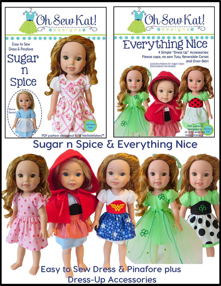 Oh Sew Kat WellieWishers Sugar n Spice & Everything Nice Dress & Pinafore with Dress Up Accessories 14.5" Doll Clothes Pattern Pixie Faire